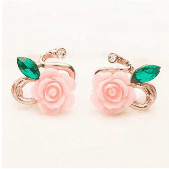 Pink Rose Crystal Flower Earrings - Picture 2 of 2